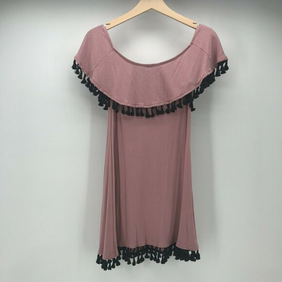 Eastnwest Label Dress Womens 2 Ribbed Pink Knit Black Pom Fringe Off Shoulder - Picture 2 of 6